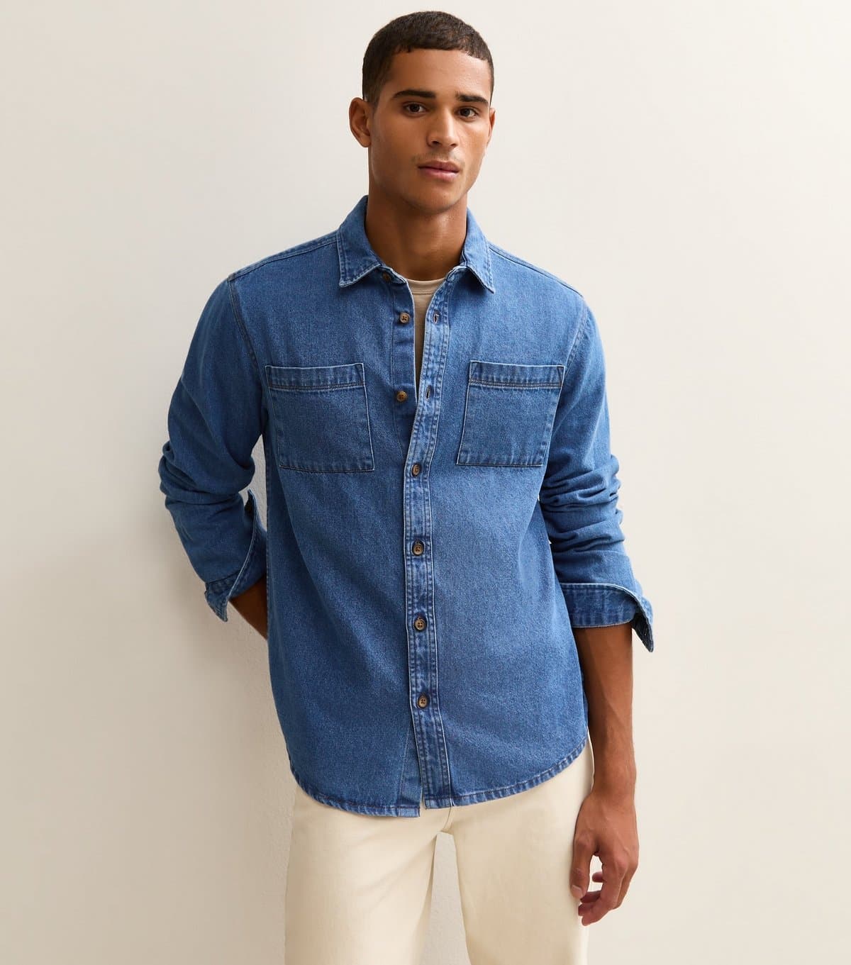 New Look Men's Blue Relaxed Fit Mid Wash Denim Shirt New Look
