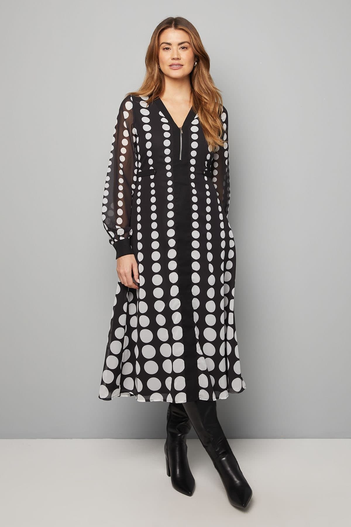 Wallis Wallis Women's Zip Front Spot Border Chiffon Midi Dress in Black