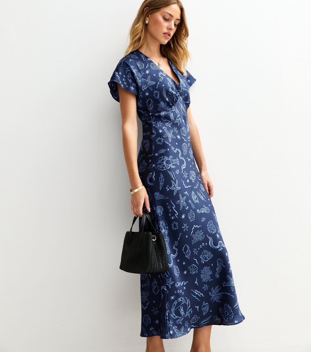 New Look Navy Shell Print Satin V-Neck Midi Dress