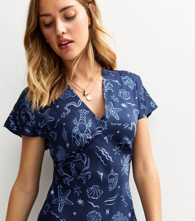 New Look Women's Navy Shell Print Satin V-Neck Midi Dress New Look - 2