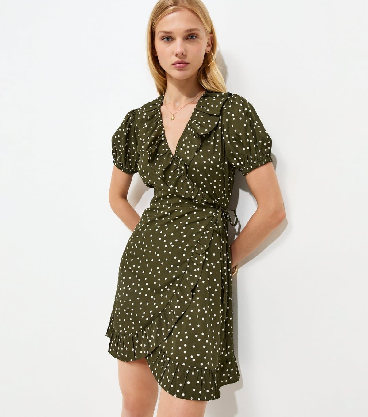 New Look Women's Green Polka Dot Wrap Mini Dress New Look