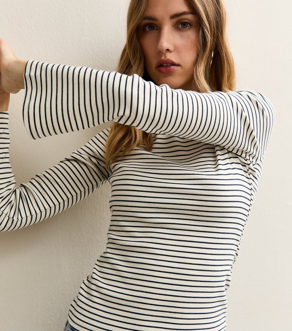 New Look Women's White and Navy Striped Slash Neck Flared Sleeve Top New Look