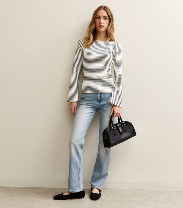 New Look Women's White and Navy Striped Slash Neck Flared Sleeve Top New Look - 2