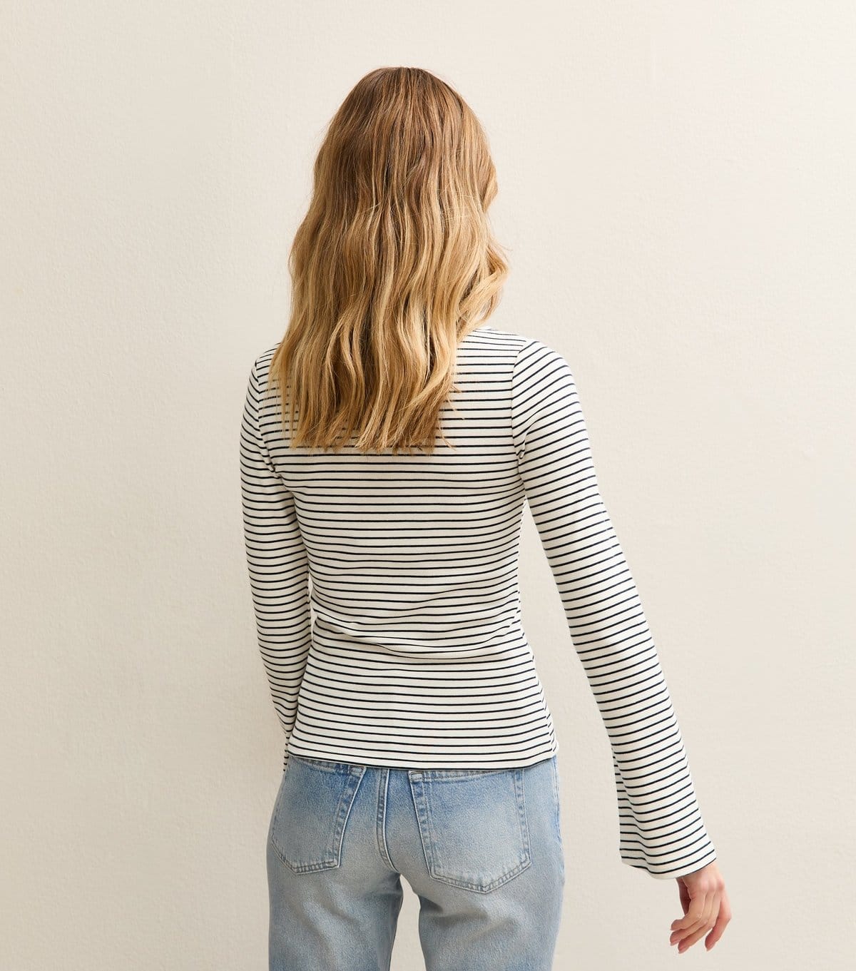 New Look Women's White and Navy Striped Slash Neck Flared Sleeve Top New Look - 4