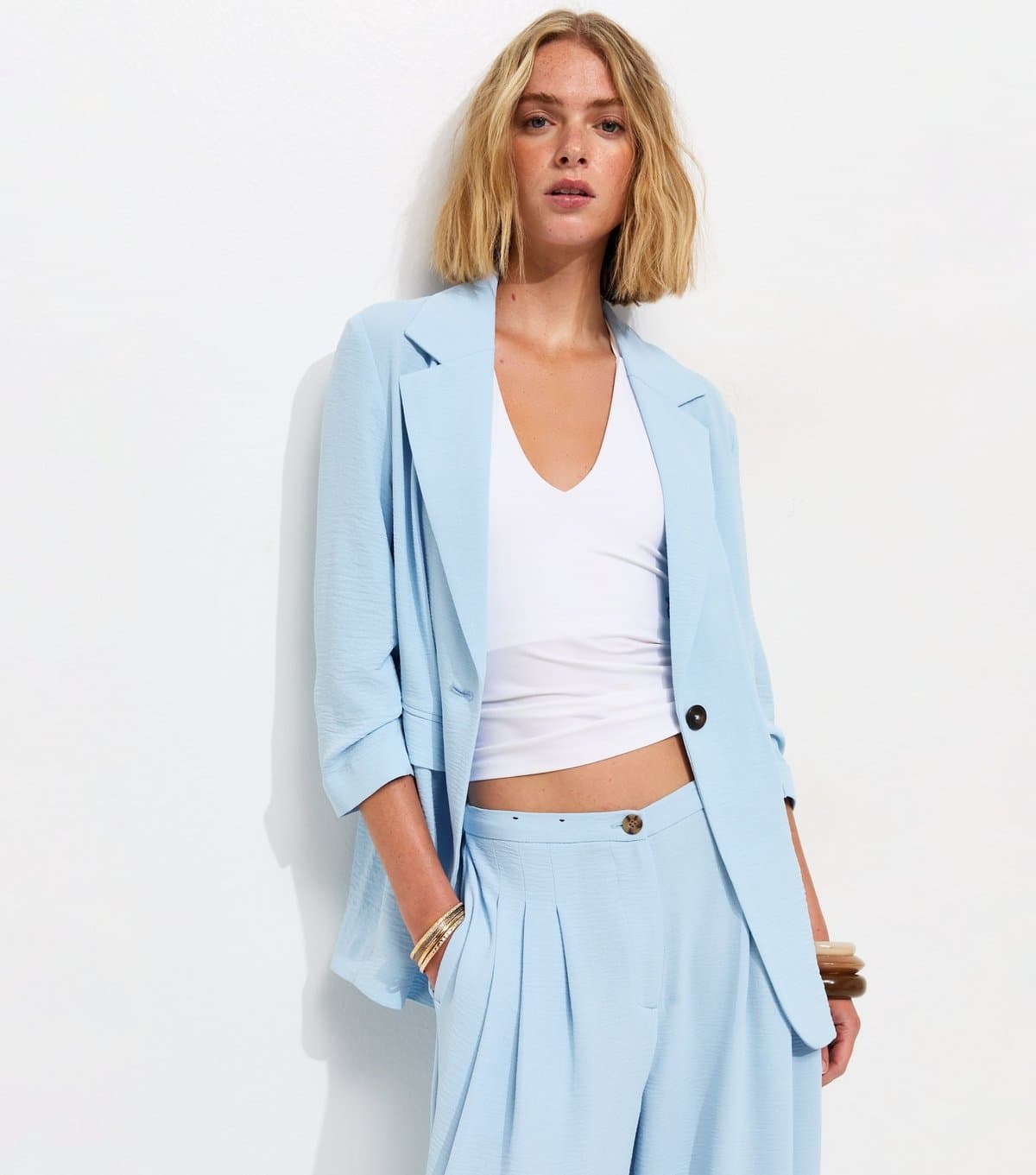 New Look New Look Light Blue Ruched Sleeve Blazer