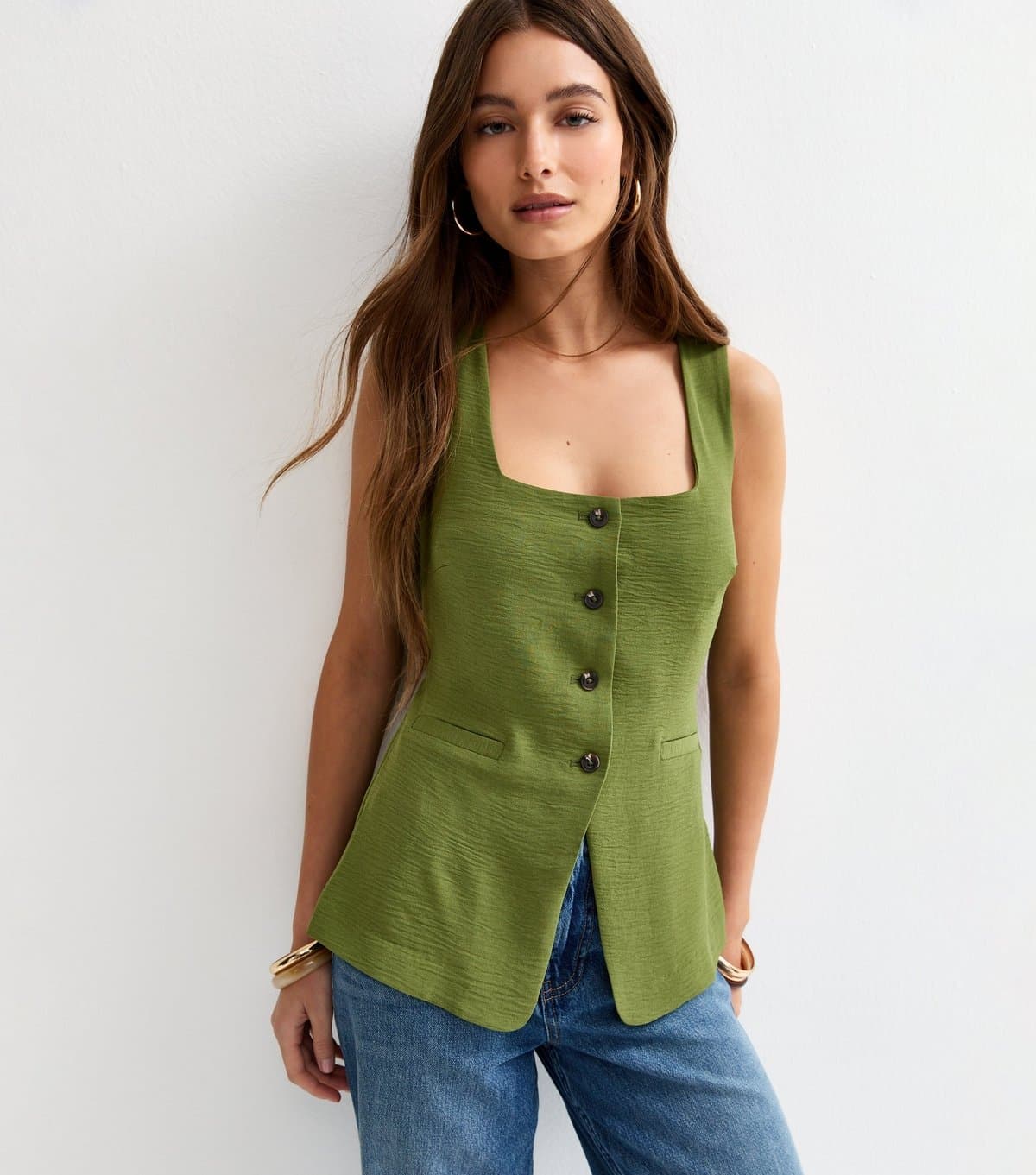 New Look Women's Khaki Square Neck Button Front Waistcoat New Look