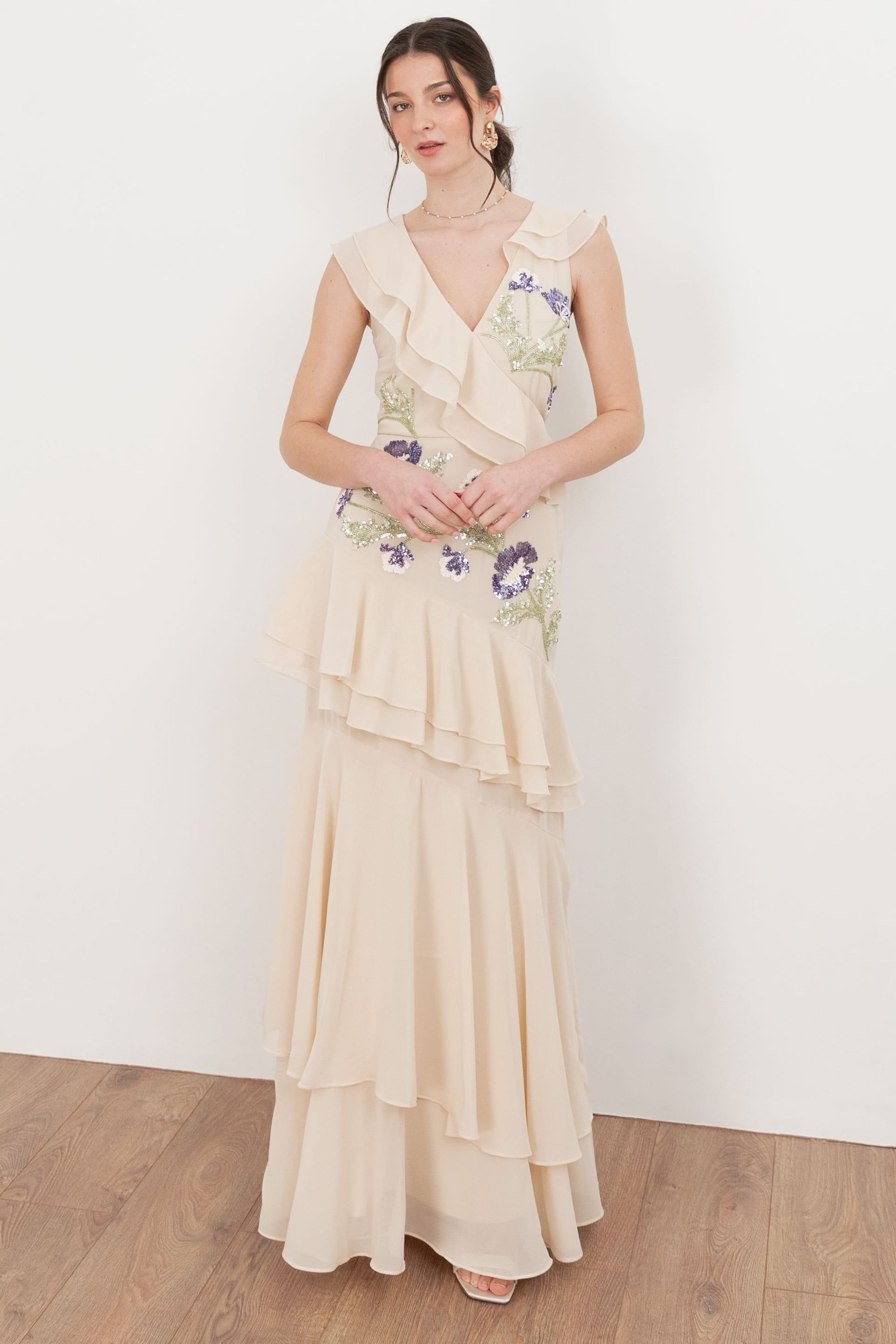 Maya Deluxe Nude Embellished Asymmetric Ruffle Maxi Dress