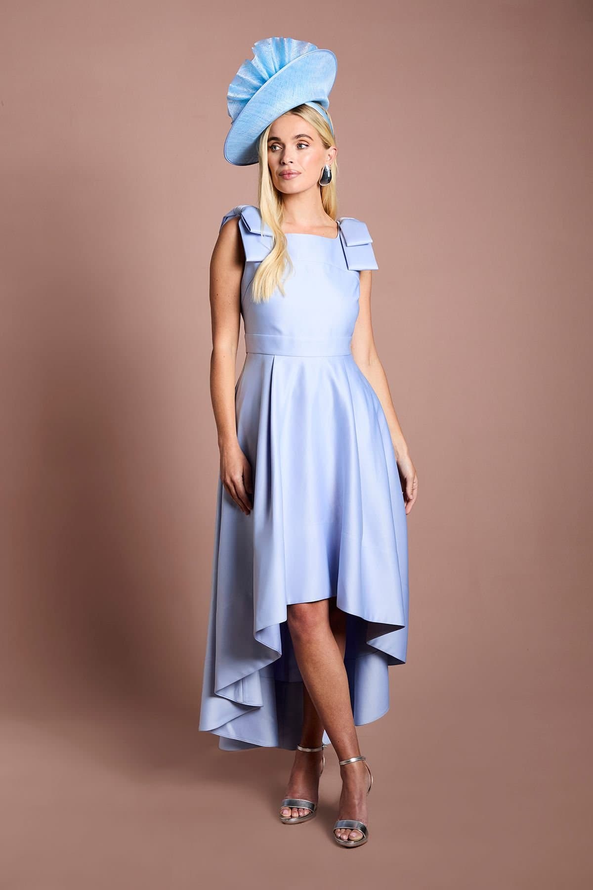 Coast Coast Women's Petite Lisa Tan Bow Shoulder Satin Midi Dress in Pale Blue
