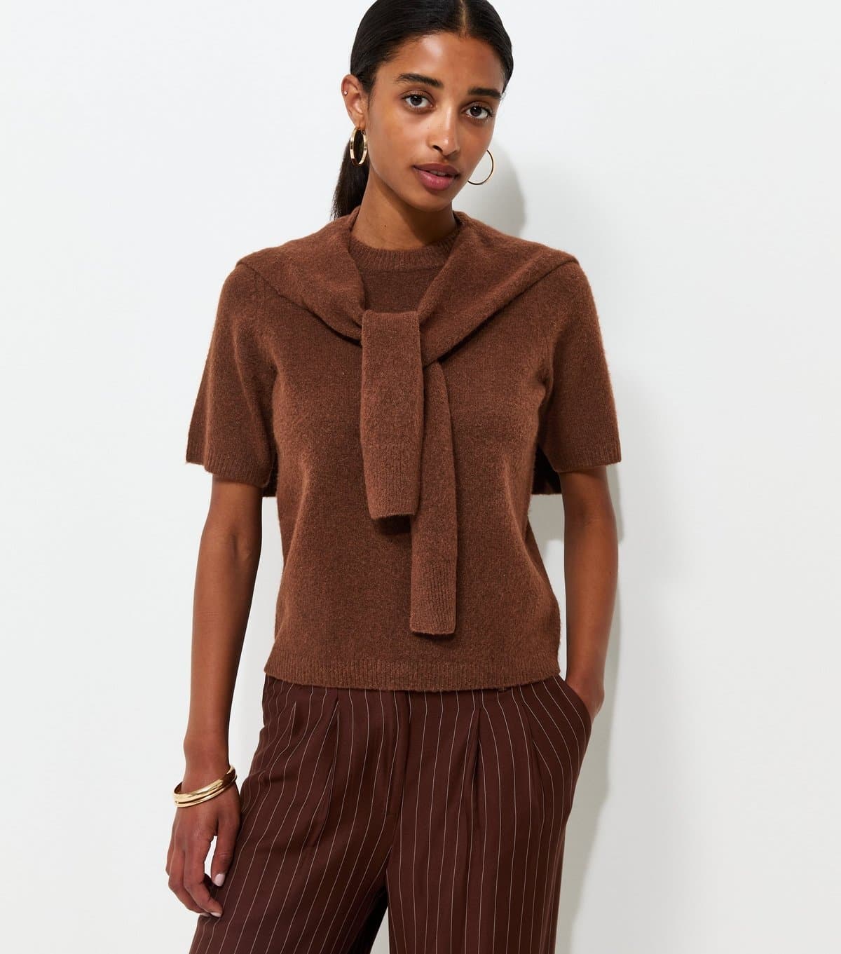New Look Women's Brown Brushed Knit Scarf Detail Short Sleeve Top New Look