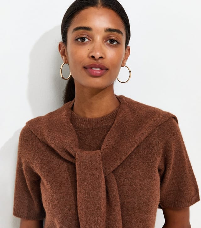 New Look Women's Brown Brushed Knit Scarf Detail Short Sleeve Top New Look - 2