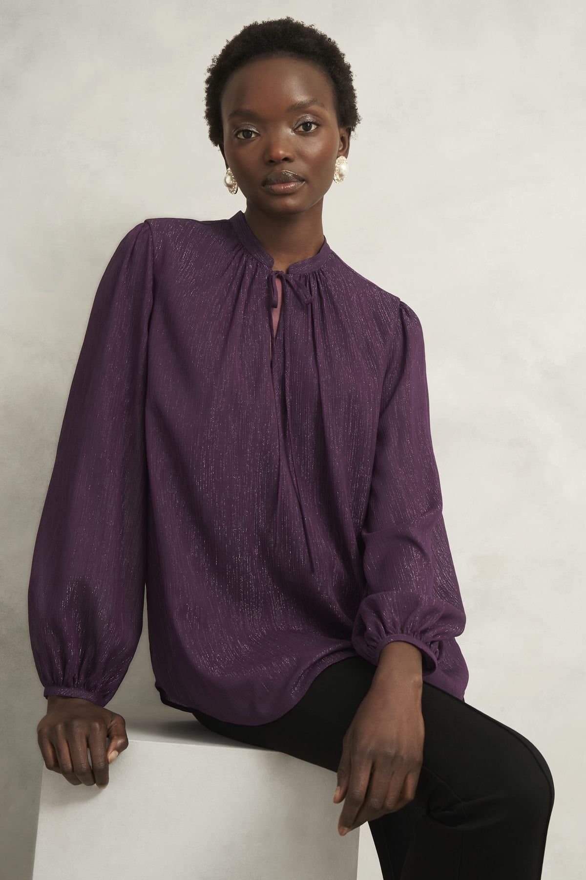 Hobbs London Hobbs London Women's Vivien Tie Neck Blouse in Aubergine