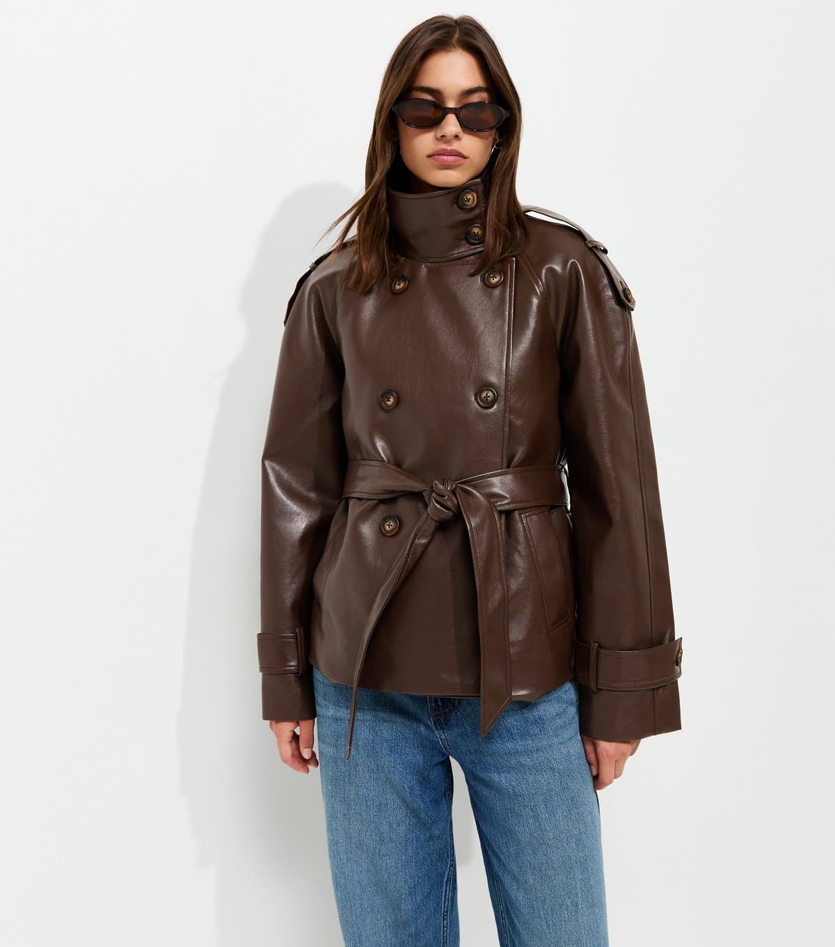 New Look Women's Dark Brown Faux Leather Funnel Neck Belted Jacket New Look