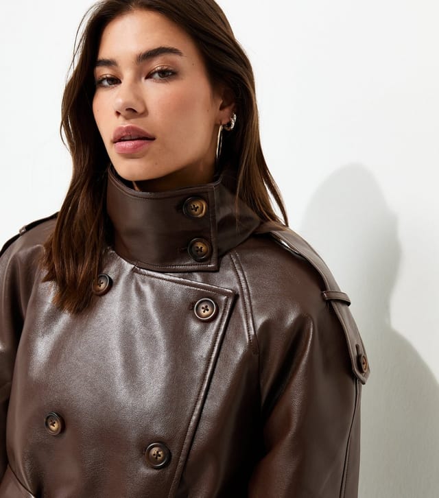 New Look Women's Dark Brown Faux Leather Funnel Neck Belted Jacket New Look - 2