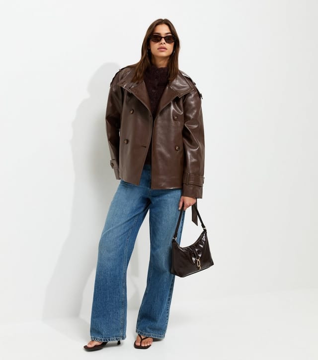 New Look Women's Dark Brown Faux Leather Funnel Neck Belted Jacket New Look - 3