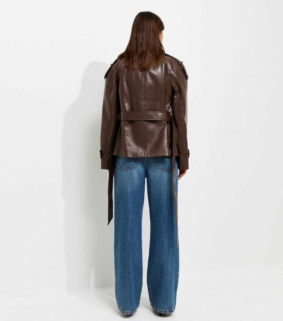 New Look Women's Dark Brown Faux Leather Funnel Neck Belted Jacket New Look - 4