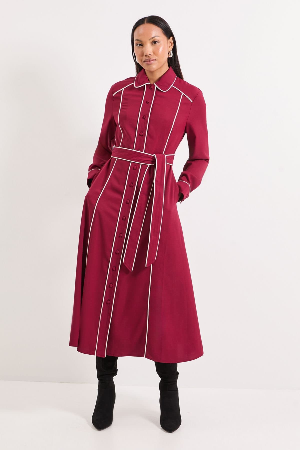 Principles Principles Women's Tailored Crepe Contrast Midi Dress in Berry
