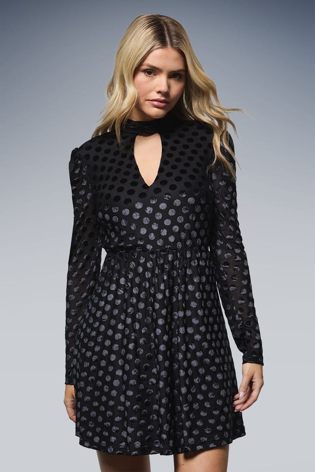 Dorothy Perkins Dorothy Perkins Women's Black Spot Devore Long Sleeve Mini Dress - 2
