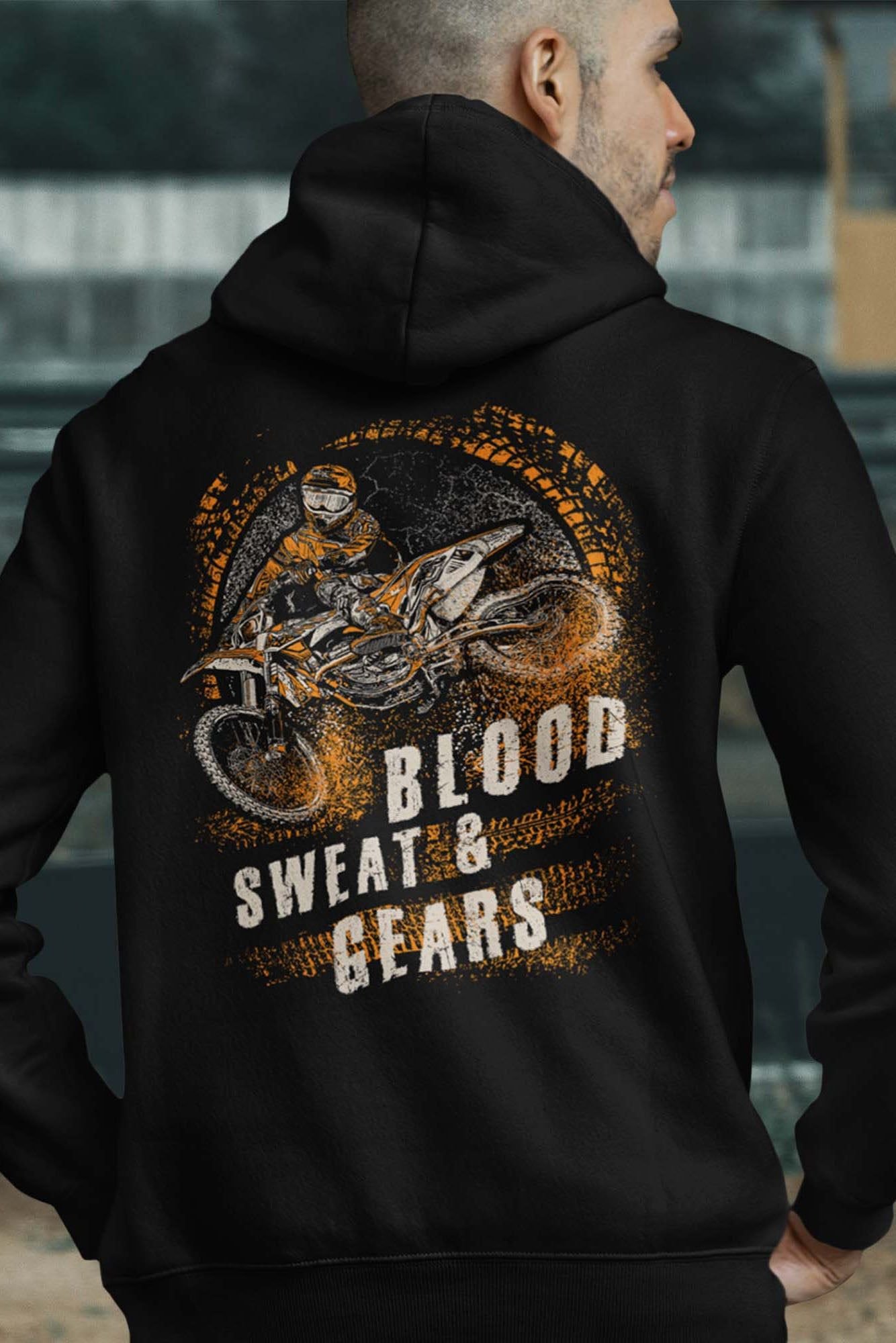Bad Zebedee Bad Zebedee Men's Blood Sweat & Gears Back Print Motorbike Hoodie in Black - 2