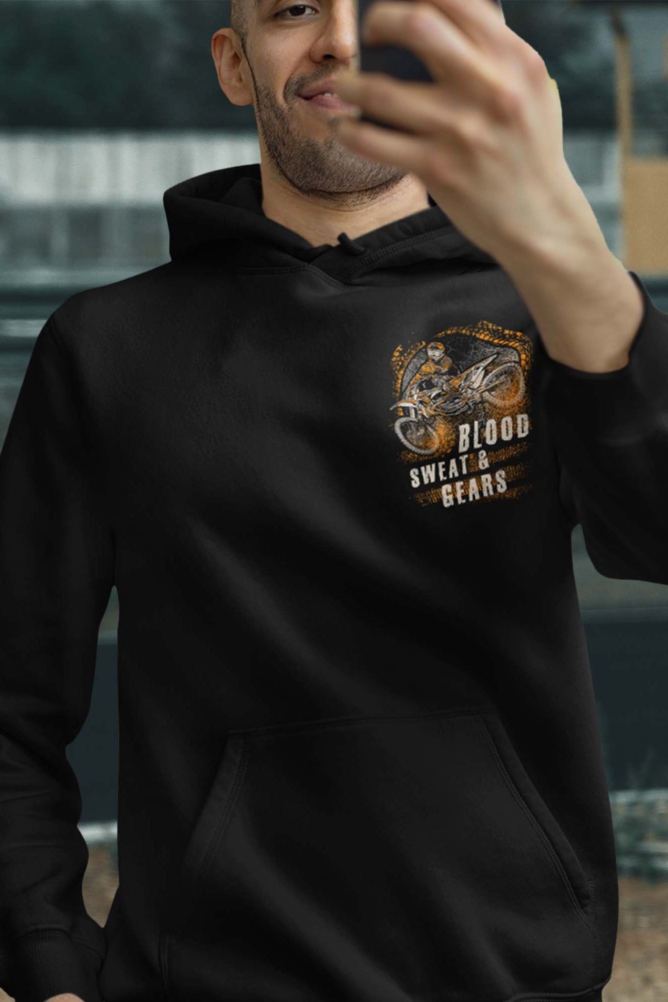 Bad Zebedee Bad Zebedee Men's Blood Sweat & Gears Back Print Motorbike Hoodie in Black - 3