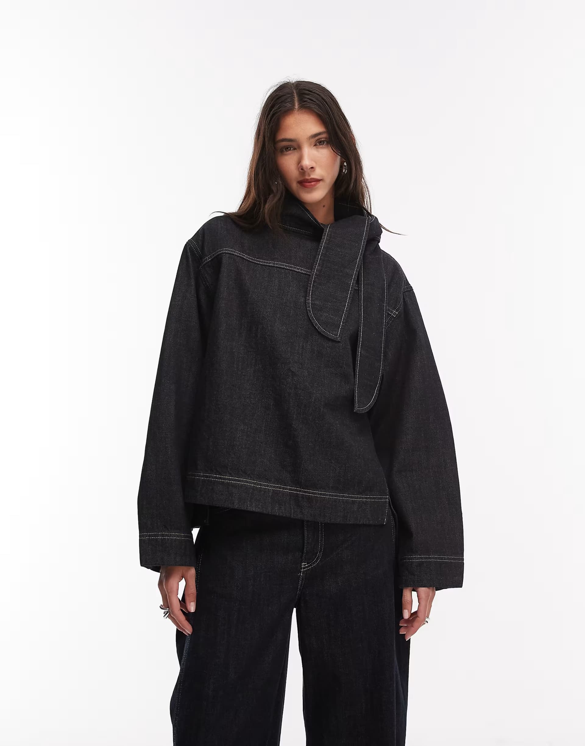ASOS Mango Sila denim neck tie blouse co-ord in black wash