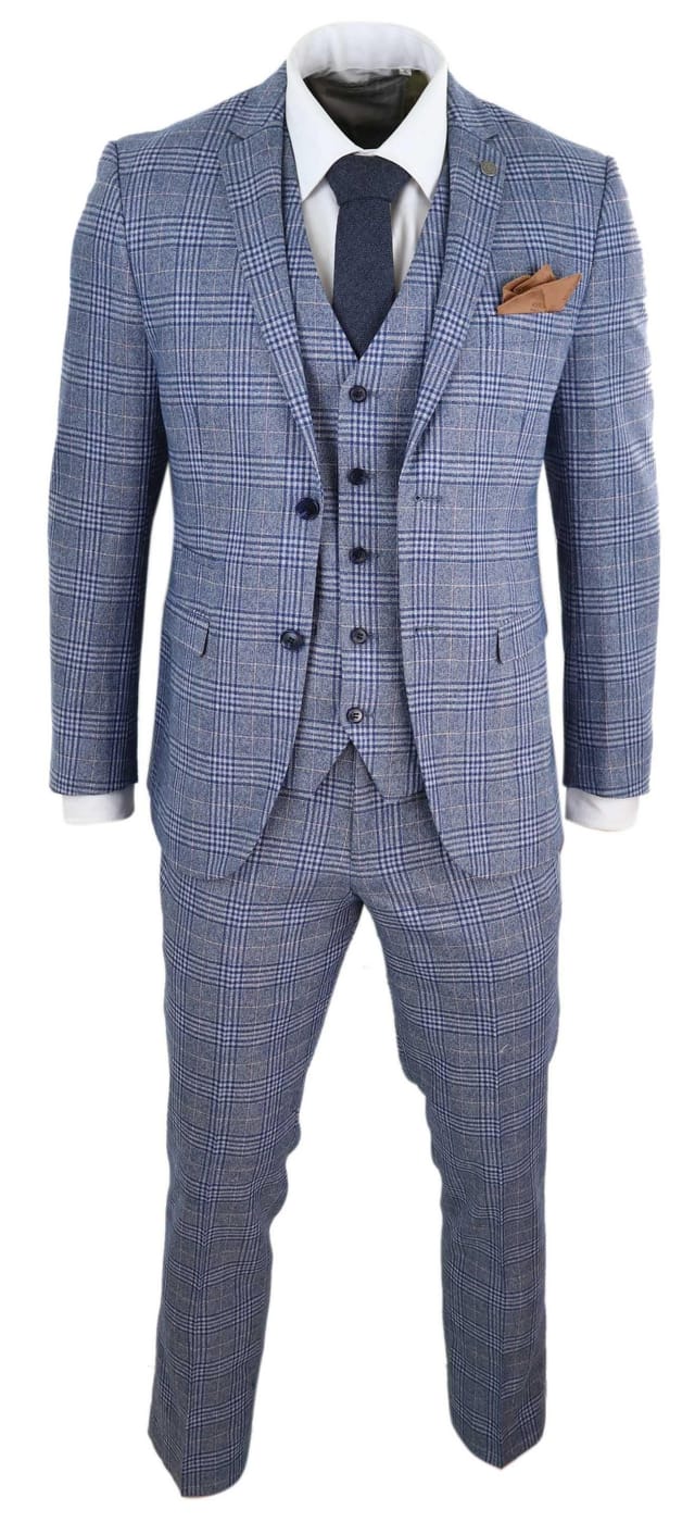 Paul Andrew Paul Andrew Men's Victor Blue 3 Piece Suit Check Classic - 3