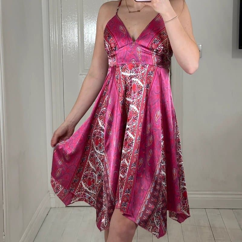 New Look Vintage y2k pink satin handkerchief boho floaty dress