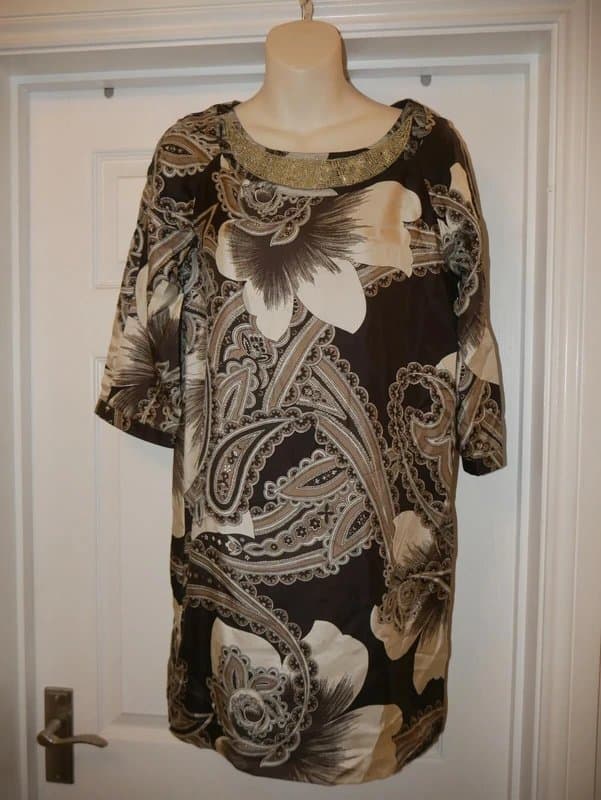 Almost Famous Paisley Silk Dress Size 10 Brown Almost Famous Evening Party Frock Bead Detail