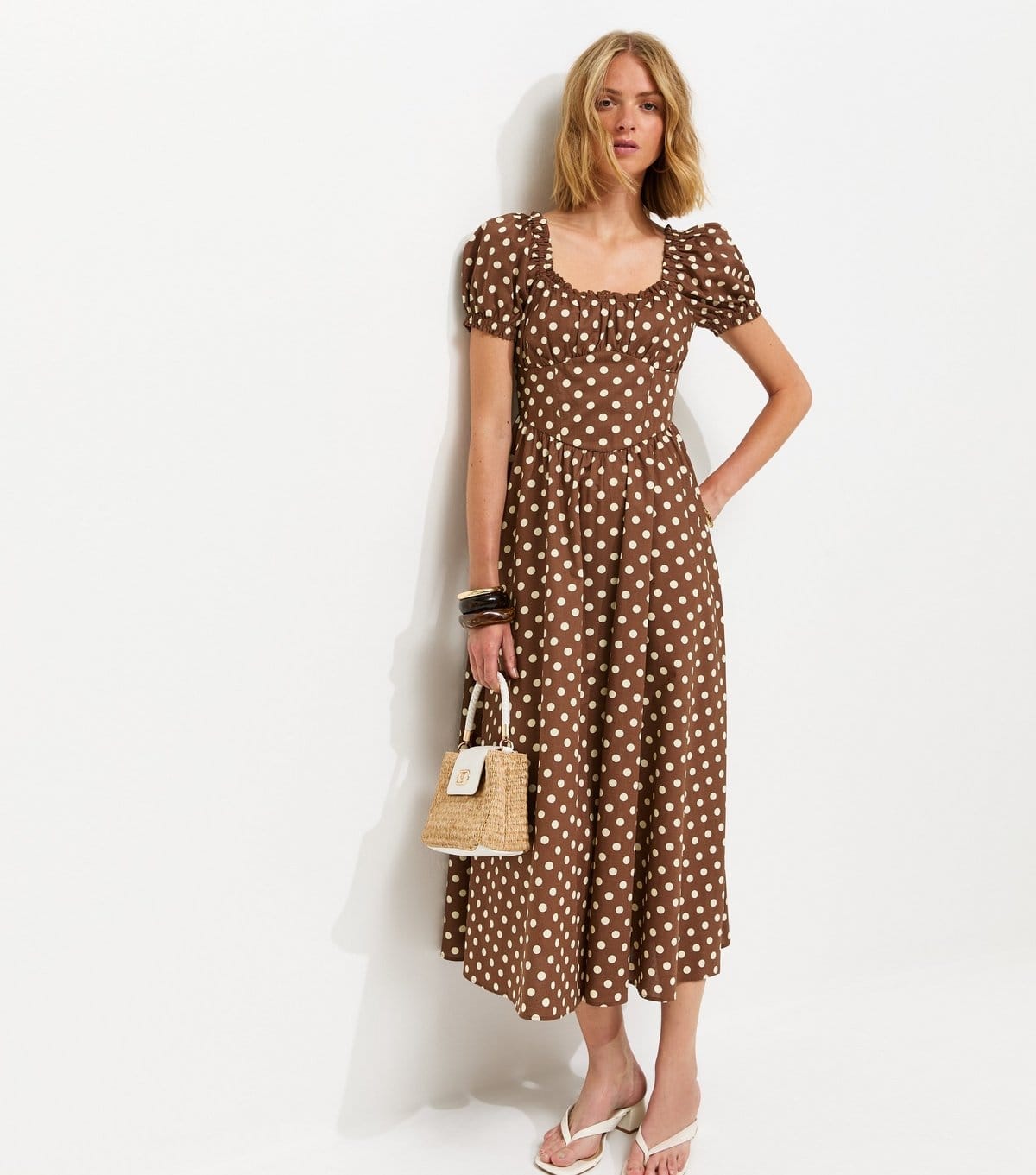 New Look Brown Cotton Polka Dot Ruched Midi Dress