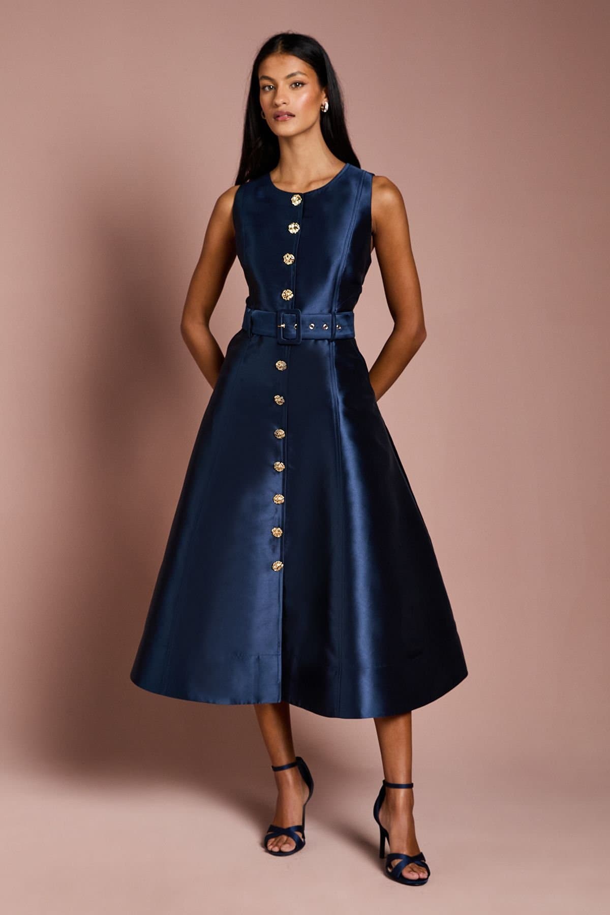 Coast Coast Women's Petite Button Through Belted Prom Dress in Navy