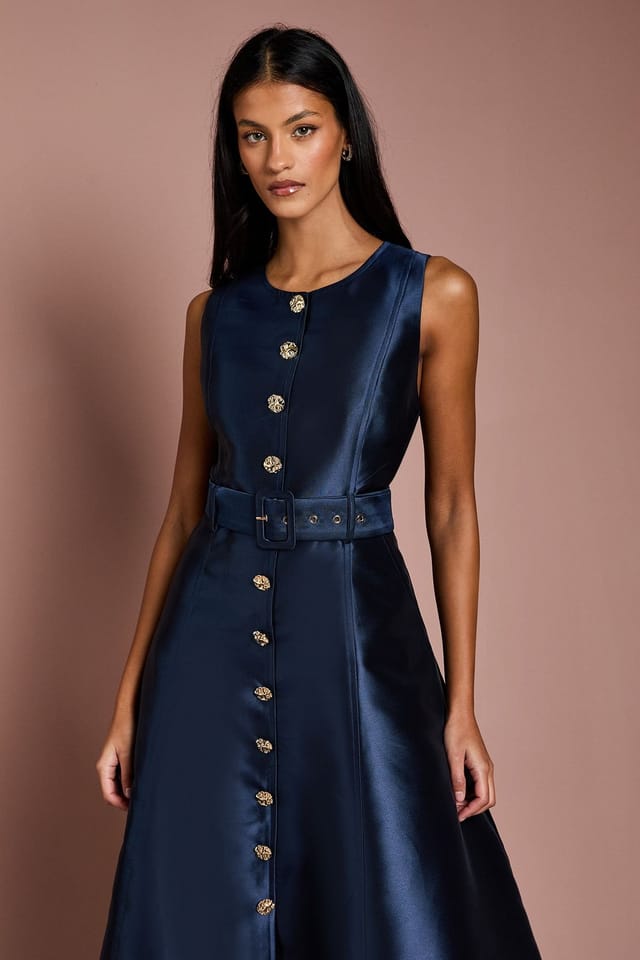 Coast Coast Women's Petite Button Through Belted Prom Dress in Navy - 2