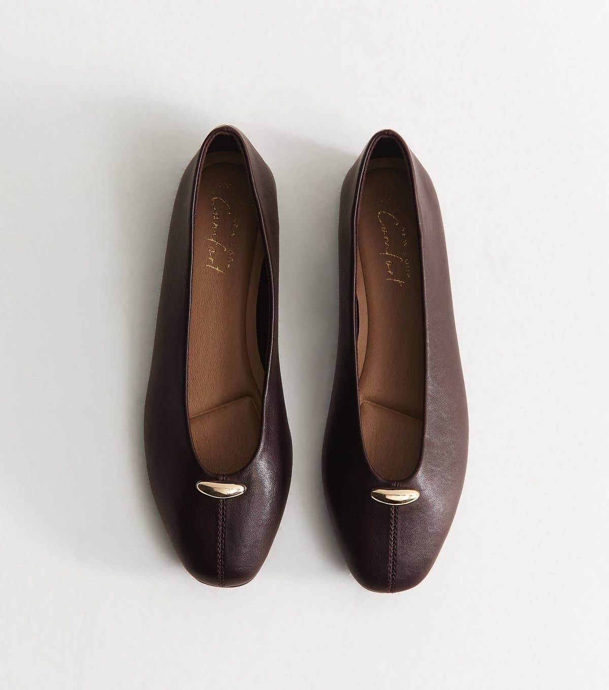New Look Women's Dark Burgundy Faux Leather Metallic Charm High Vamp Ballerina Flats Vegan New Look