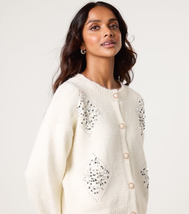 Blue Vanilla Women's Off White Sequin Embellished Cardigan Blue Vanilla New Look - 3