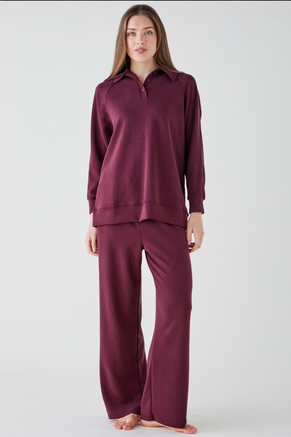 The Night Store The Night Store Women's Merlot Button Collar Lounge Trouser Set in Plum