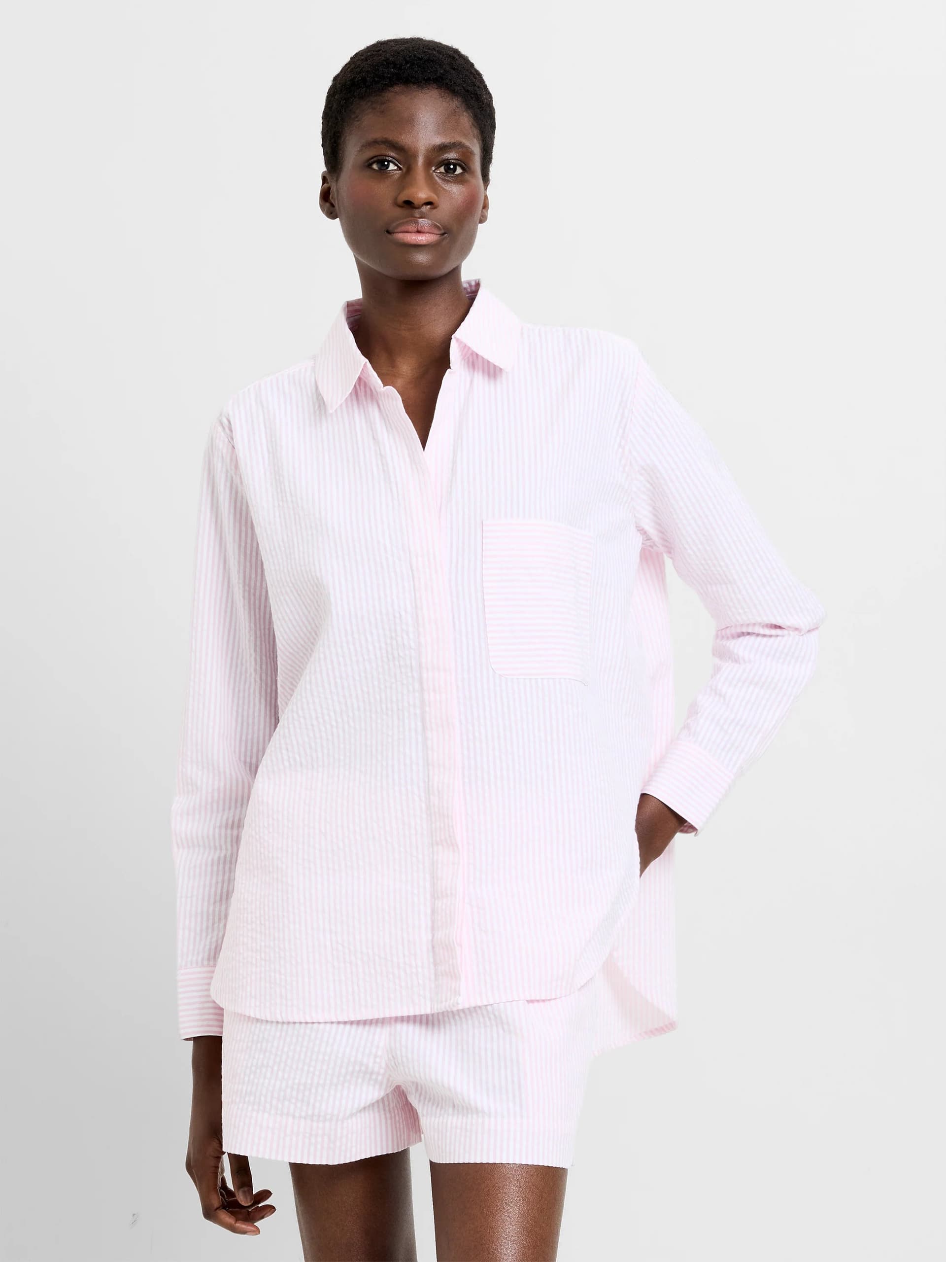 French Connection Seersucker Stripe Relaxed Shirt Bubblegum Pink/White