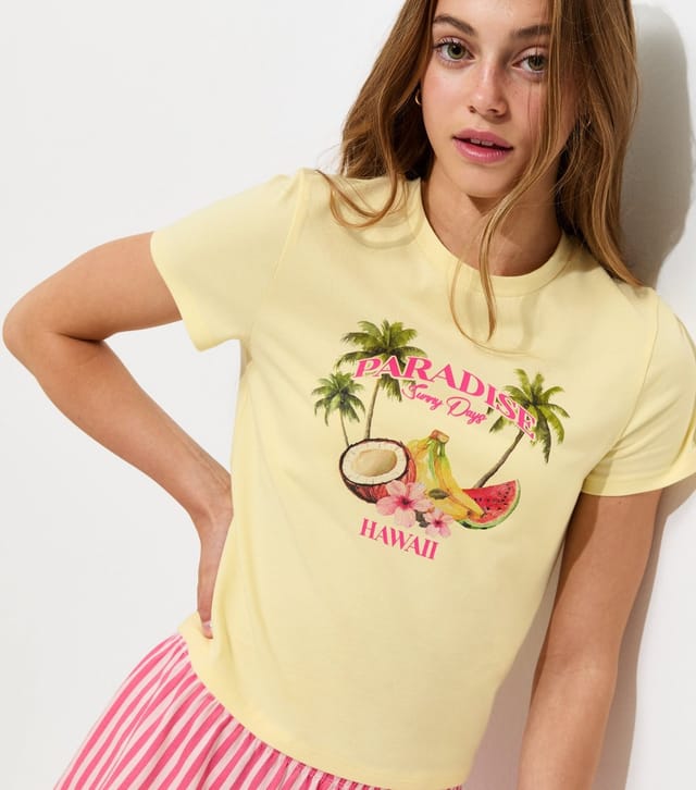 New Look Girls' Light Yellow Paradise Hawaii Print Pyjama T-Shirt and Shorts Set New Look - 2