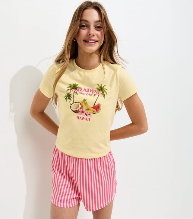 New Look Girls' Light Yellow Paradise Hawaii Print Pyjama T-Shirt and Shorts Set New Look - 3