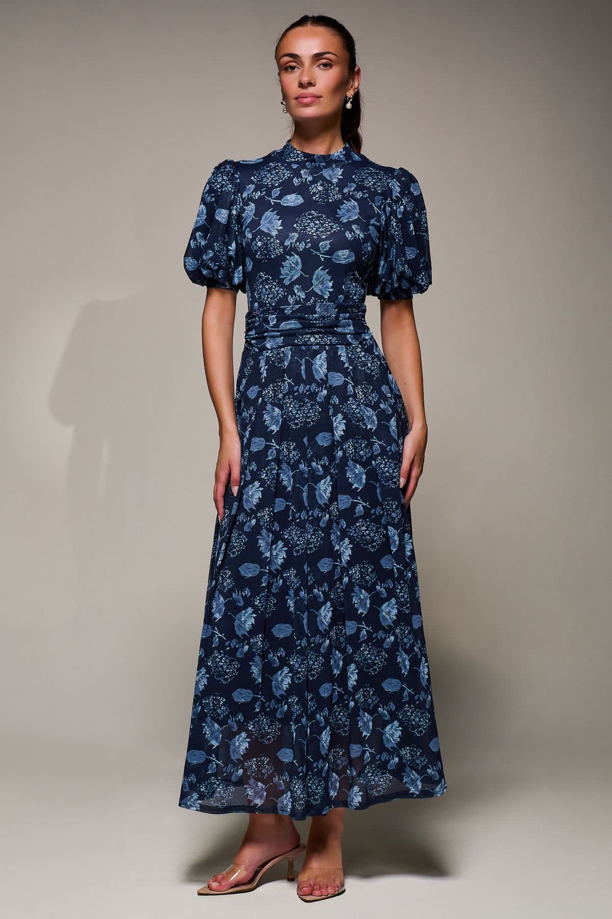 Jolie Moi Jolie Moi Women's Puffy Sleeve Printed Mesh Maxi Dress in Navy