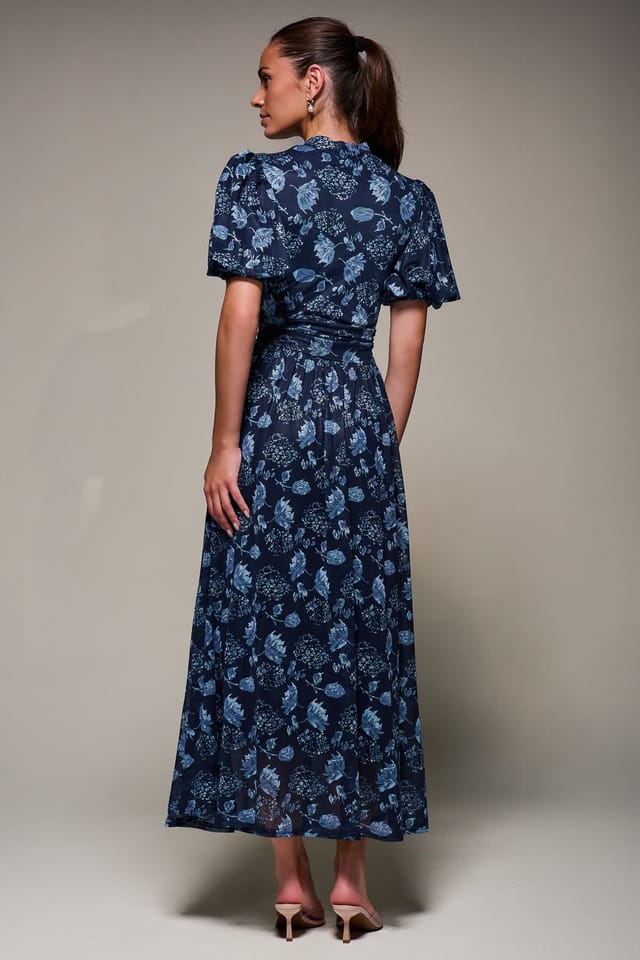 Jolie Moi Jolie Moi Women's Puffy Sleeve Printed Mesh Maxi Dress in Navy - 2