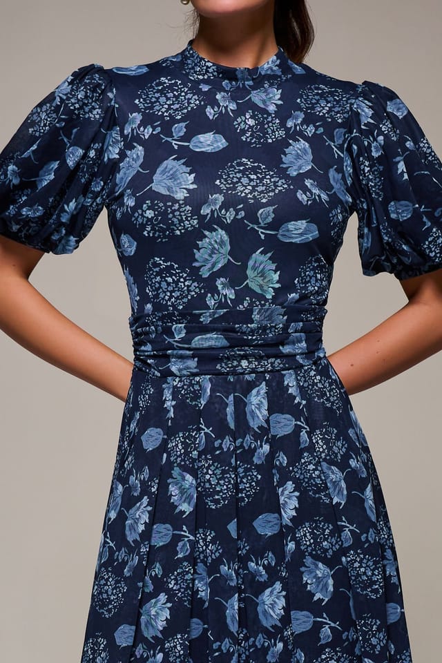 Jolie Moi Jolie Moi Women's Puffy Sleeve Printed Mesh Maxi Dress in Navy - 3