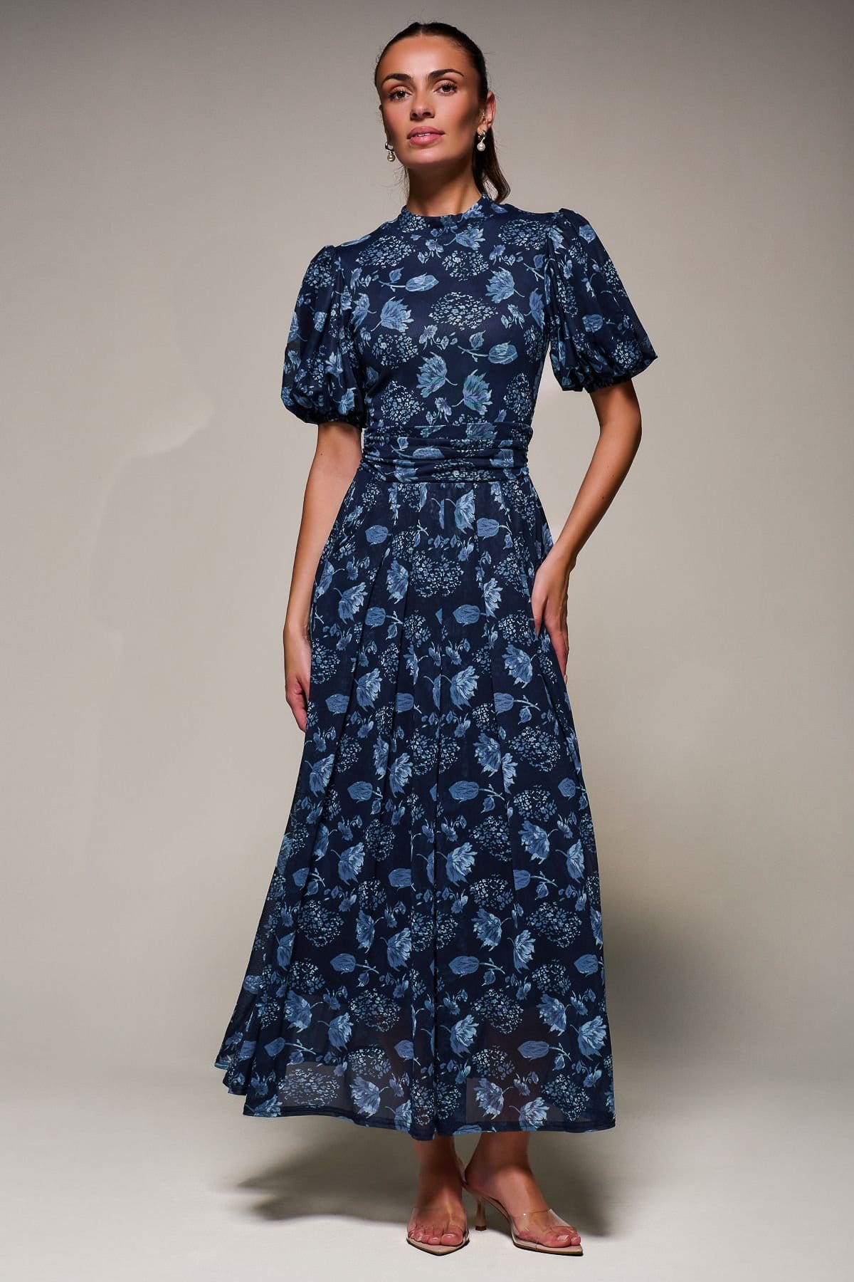 Jolie Moi Jolie Moi Women's Puffy Sleeve Printed Mesh Maxi Dress in Navy - 4