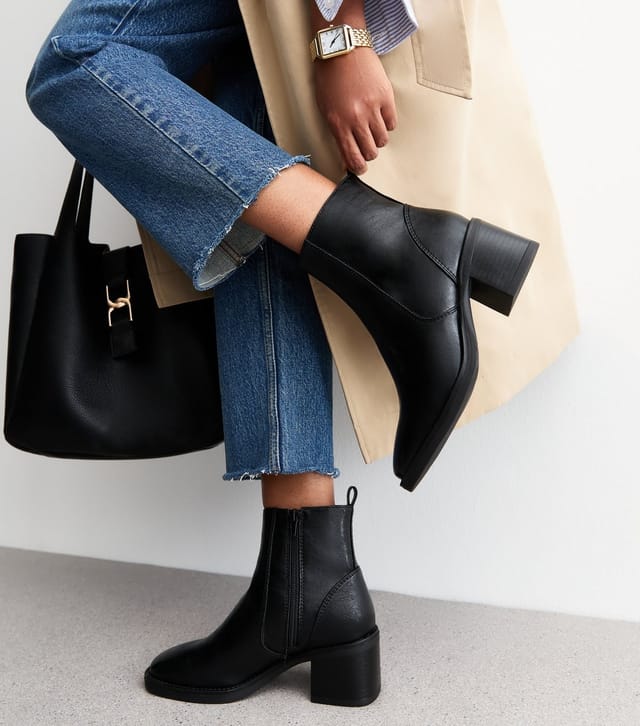 New Look Women's Black Faux Leather Block Heel Ankle Boots Vegan New Look - 2