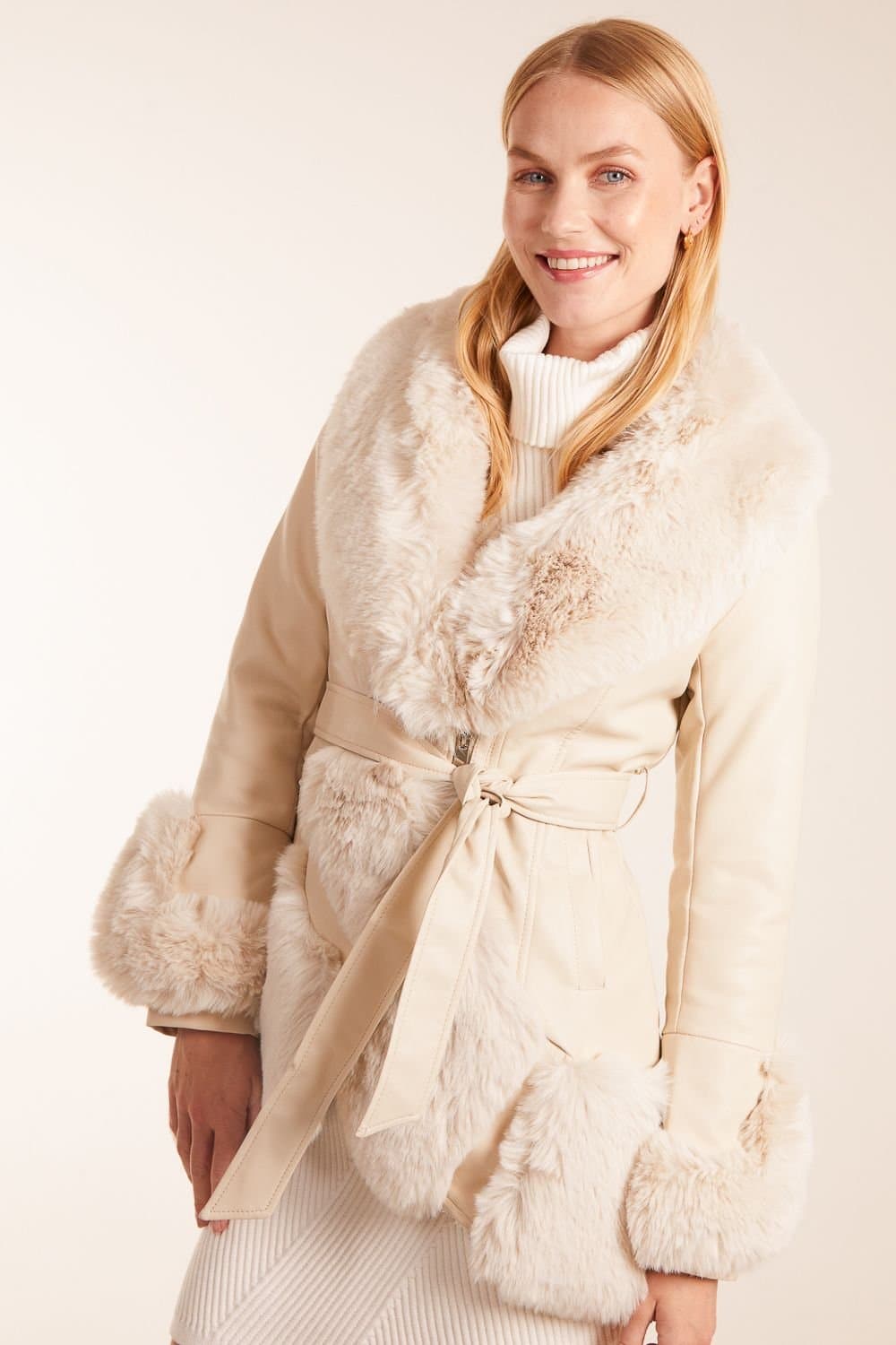 Blue Vanilla Blue Vanilla Women's Faux Fur PU Coat With Zip in Stone