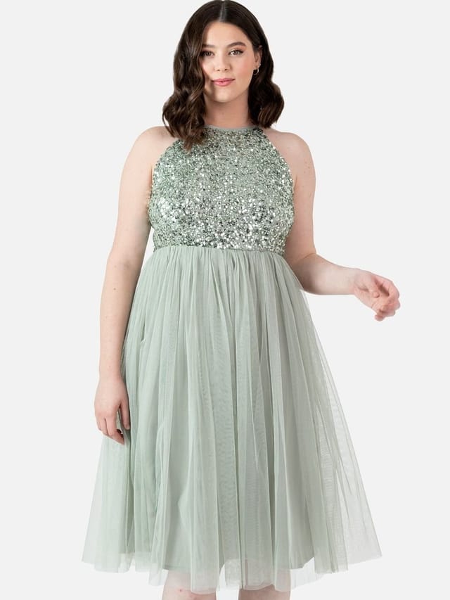 Maya Deluxe Maya Deluxe Women's Embellished Halter Neck Midi Dress in Mint - 2