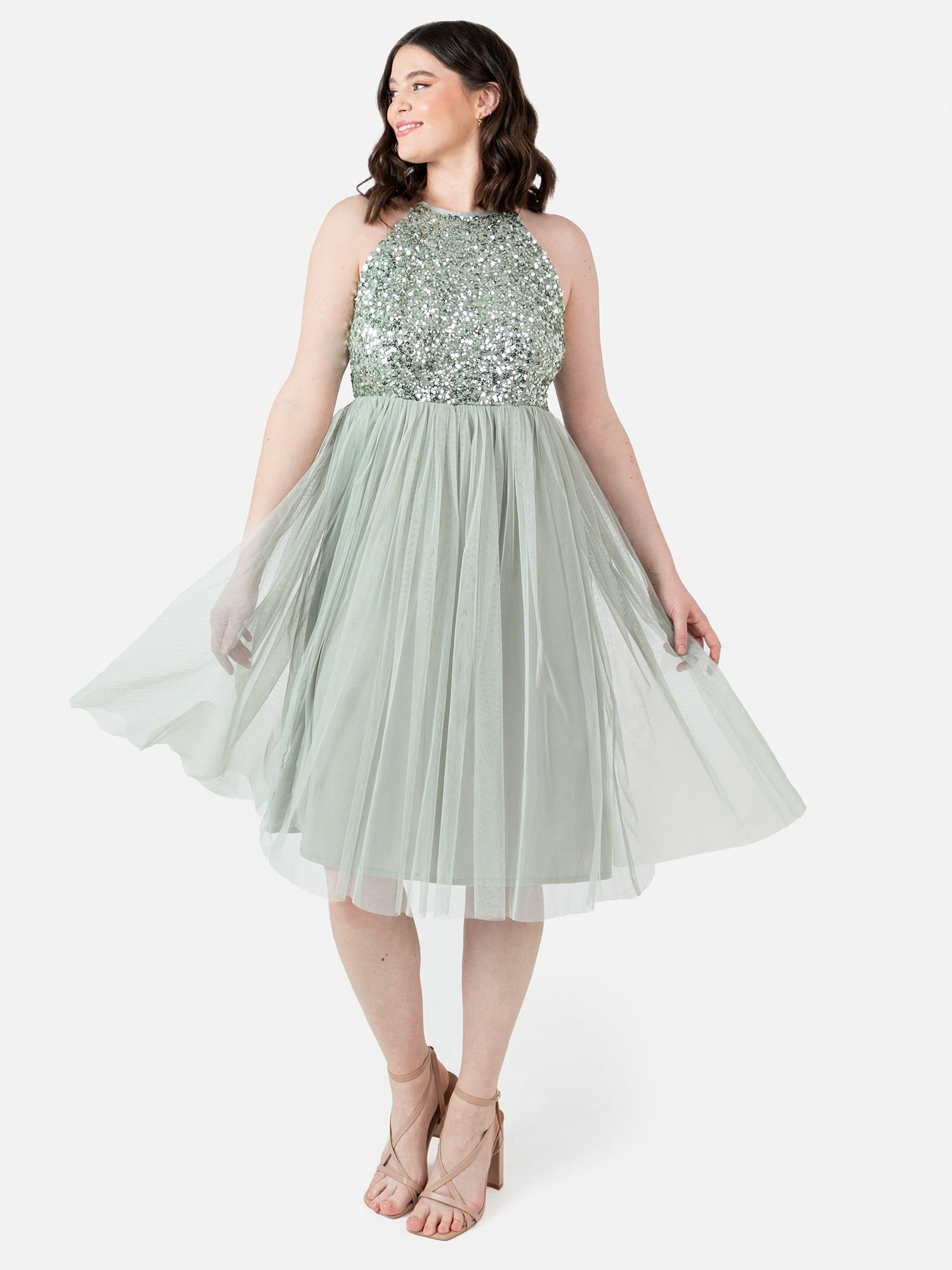 Maya Deluxe Maya Deluxe Women's Embellished Halter Neck Midi Dress in Mint - 4