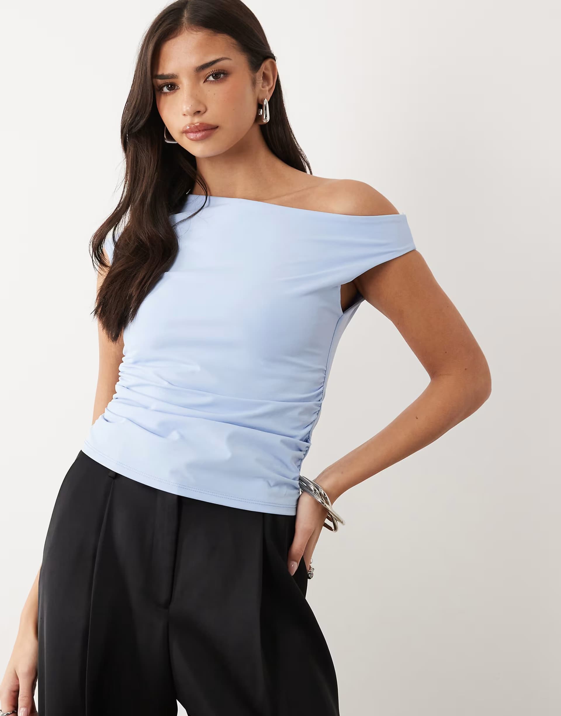 ASOS ASOS DESIGN off shoulder ruched detail top in baby blue