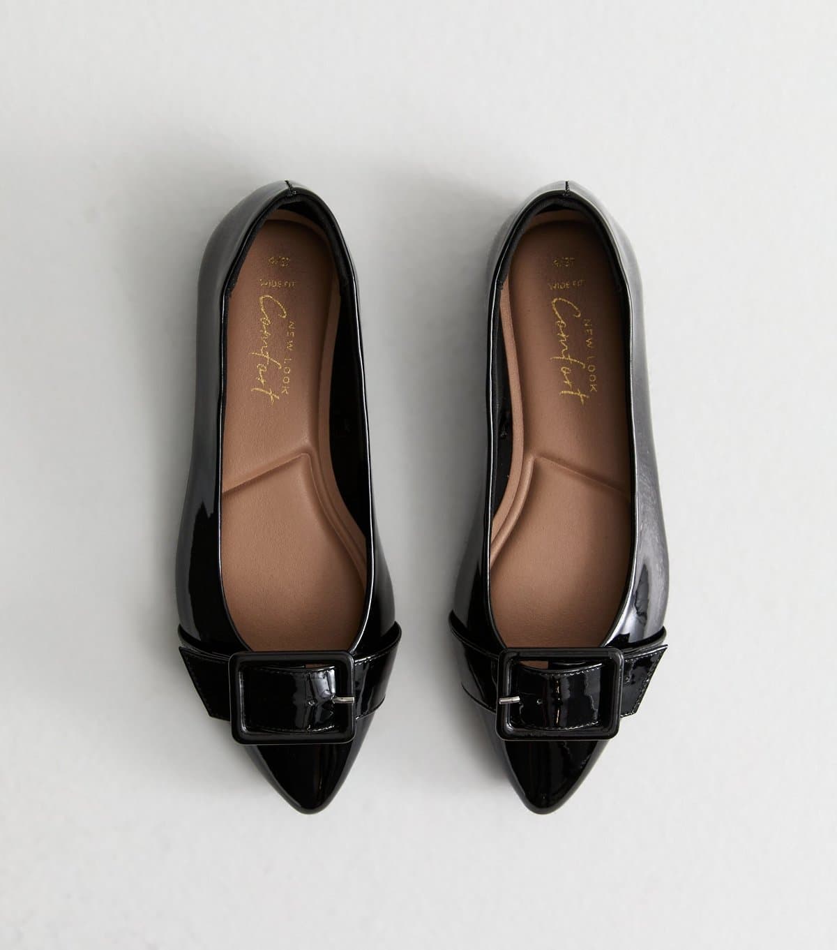 New Look Women's Wide Fit Black Patent Faux Leather Buckled Ballet Flats Vegan New Look