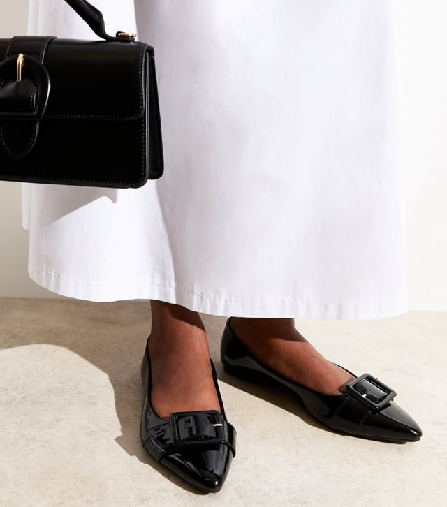 New Look Women's Wide Fit Black Patent Faux Leather Buckled Ballet Flats Vegan New Look - 2