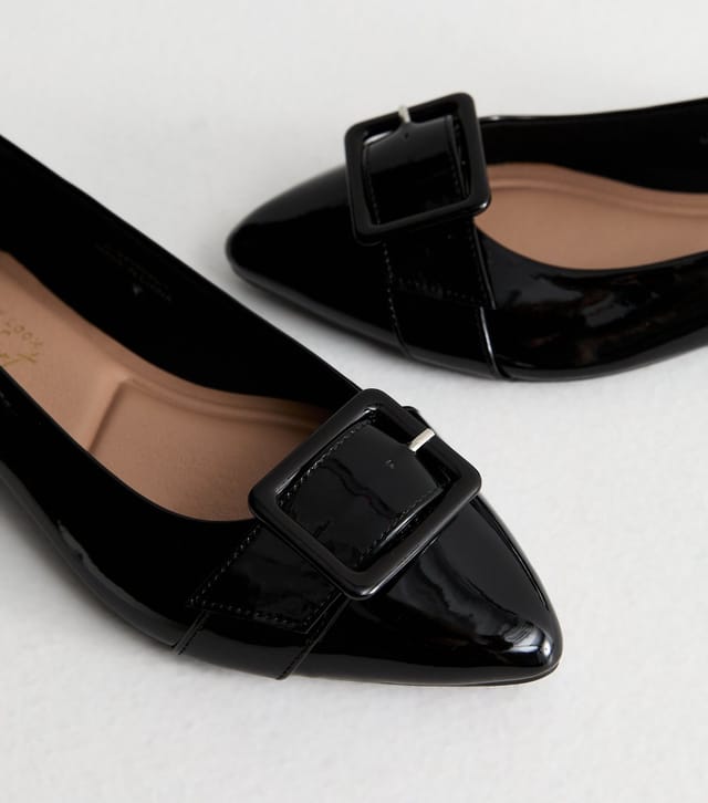 New Look Women's Wide Fit Black Patent Faux Leather Buckled Ballet Flats Vegan New Look - 3