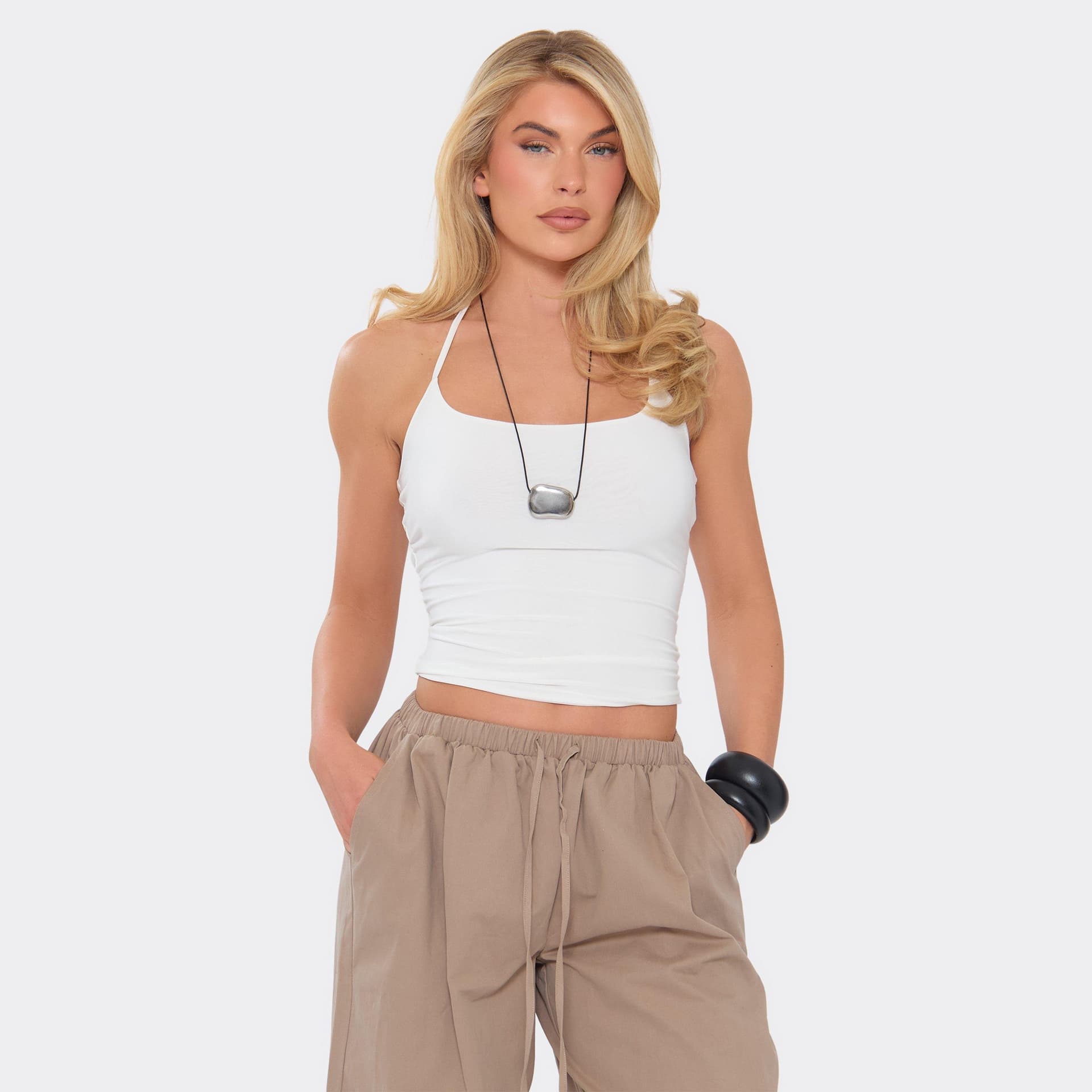 EGO Halterneck Cut Out Back Top In White Slinky, Women's Size UK 6