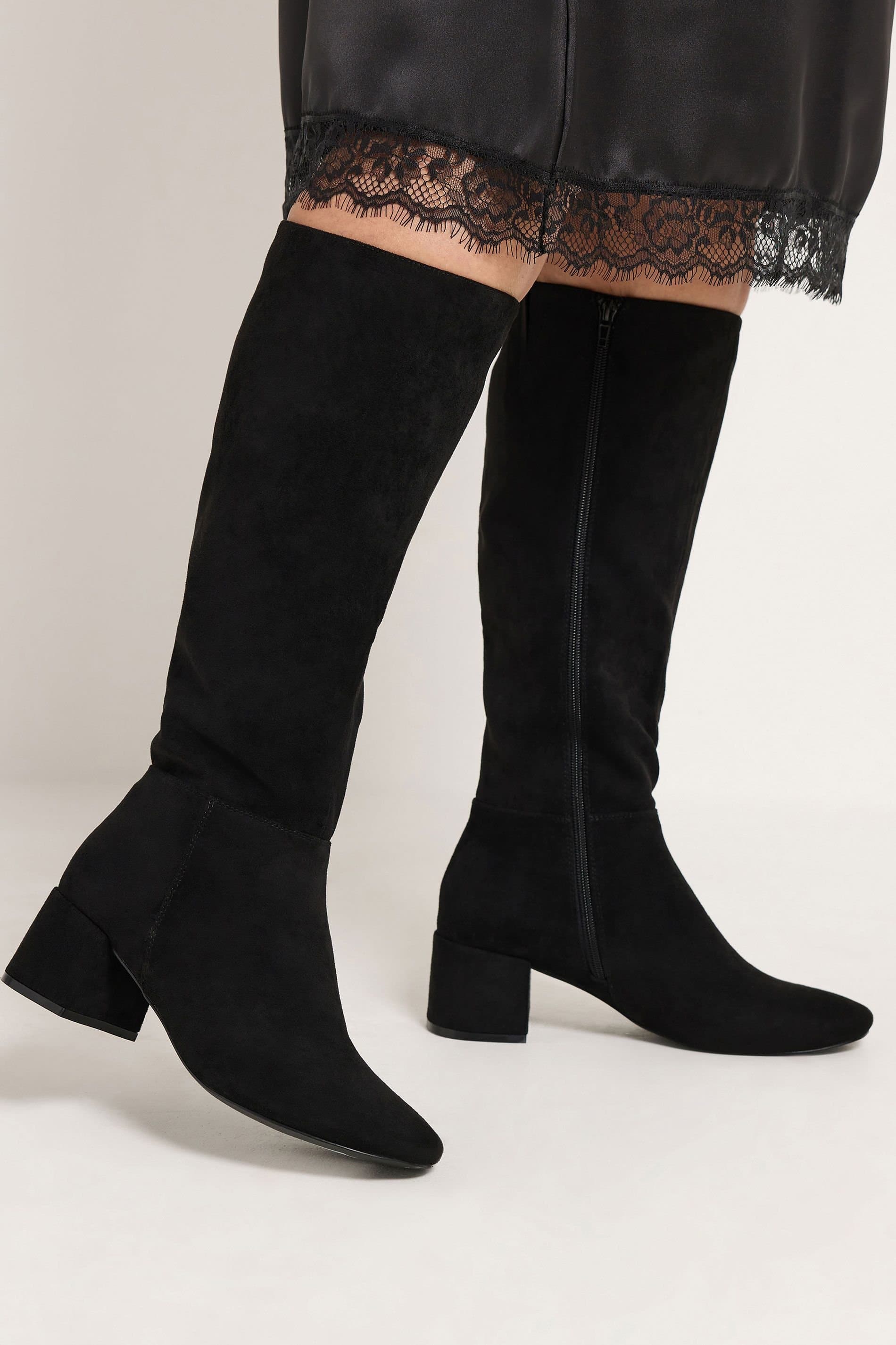 Yours Yours Women's Almond Toe Block Heel Boots In Wide E & Extra Wide EEE Fit in Black